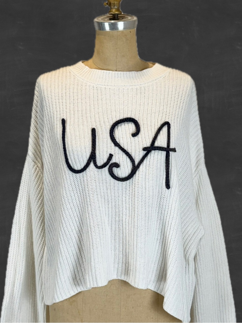 USA script knit sweater white ribbed cropped oversized slouchy bell sleeve